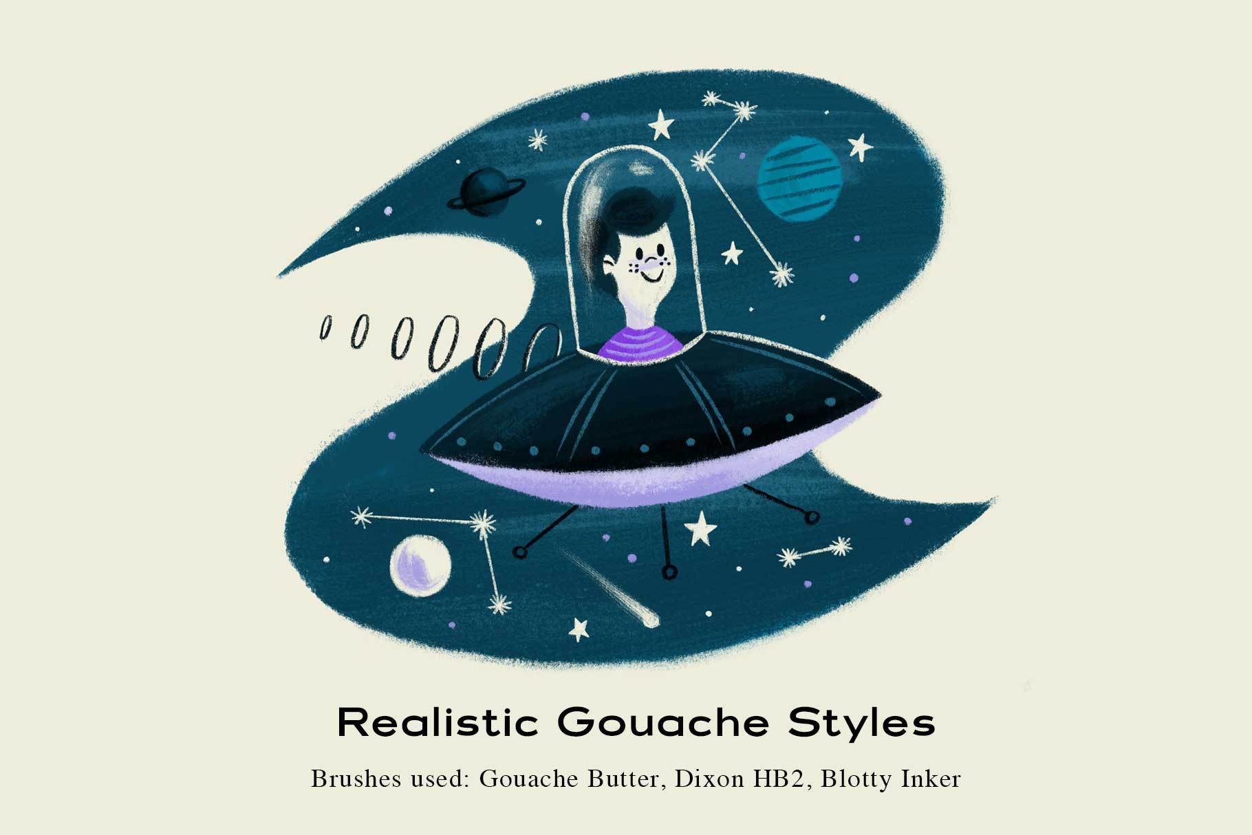 The Mid-Century Brush Pack for Photoshop. Child in a spaceship made from Gouache Butter, Dixon HB2, and Blotty Inker.