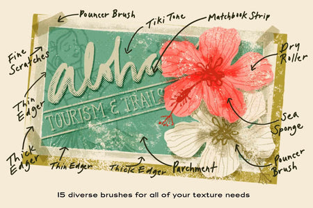 The Texture Brush Pack for Photoshop. Postcard with Jamaica blossoms made from Fine Scratches, Thin Edge, Thick Edger, Parchment, Pouncer Brush, Sea Sponge, Dry Roller, Matchbook Strip, and Tiki Tone.