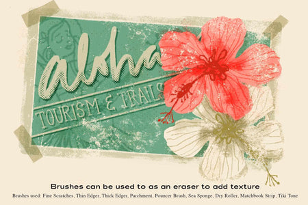 The Texture Brush Pack for Photoshop. Postcard with Jamaica blossoms made from Fine Scratches, Thin Edge, Thick Edger, Parchment, Pouncer Brush, Sea Sponge, Dry Roller, Matchbook Strip, and Tiki Tone.