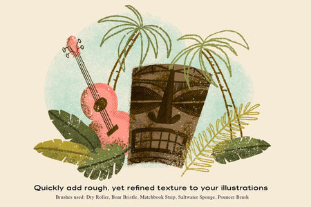 The Texture Brush Pack for Photoshop. Tiki head and ukulele made from Dry Roller, Boar Bristle, Matchbook Strip, Saltwater Sponge, and Pouncer Brush.