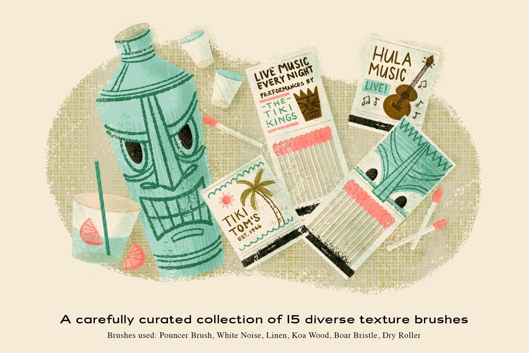 The Texture Brush Pack for Photoshop. Tiki illustration made with Pouncer Brush, White Noise, Linen, Koa Wood, Boar Bristle, and Dry Roller.